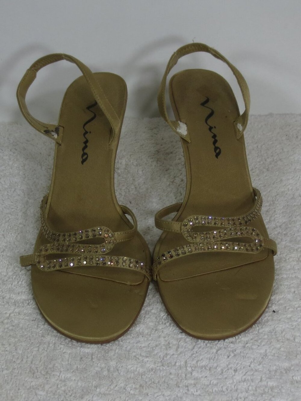 Nina Shoes Gold Leather Rhinestone Strappy Slingback Sandal 2.5" Heels Size 7.5